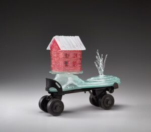 Mary Bayard White Home on Wheels - Dwelling on Transitions Kiln-formed recycled window glass, reused steel, 2019. 8 x 4 x 9”