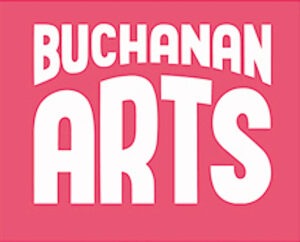 Buchanan Arts in white lettering on pink background