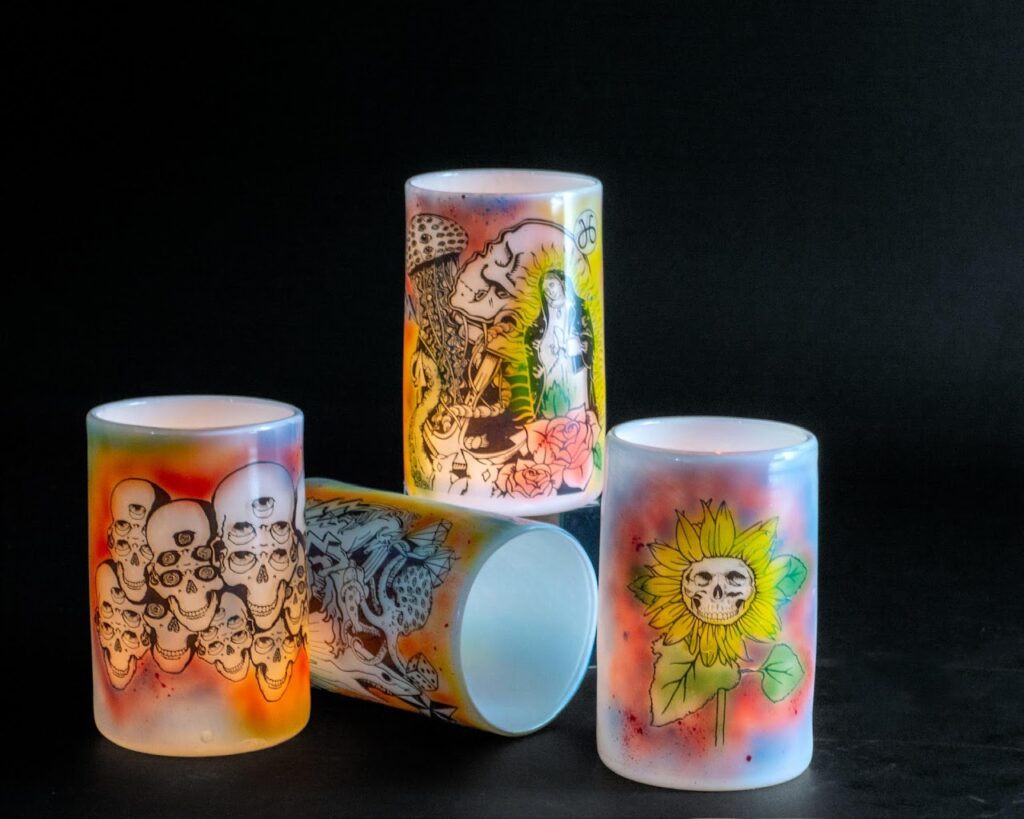 glass cups with colorful drawings 