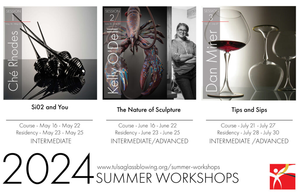 a collage of images of various types of glass art promoting the Tulsa Glassblowing summer workshops 