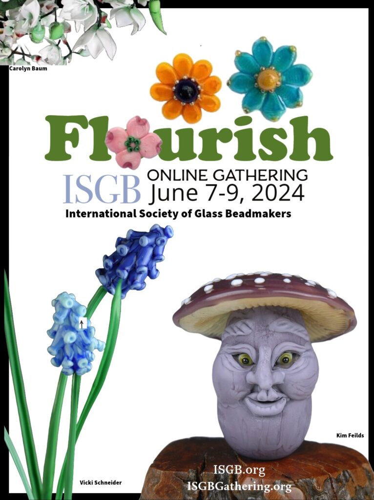 a poster advertising the ISGB Flourish Online gathering with a glass mushroom head and glass flowers
