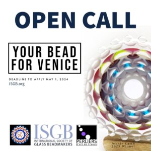 a close up of a glass bead on a white background with the details of the open call for "Your Bead for Venice" in black 