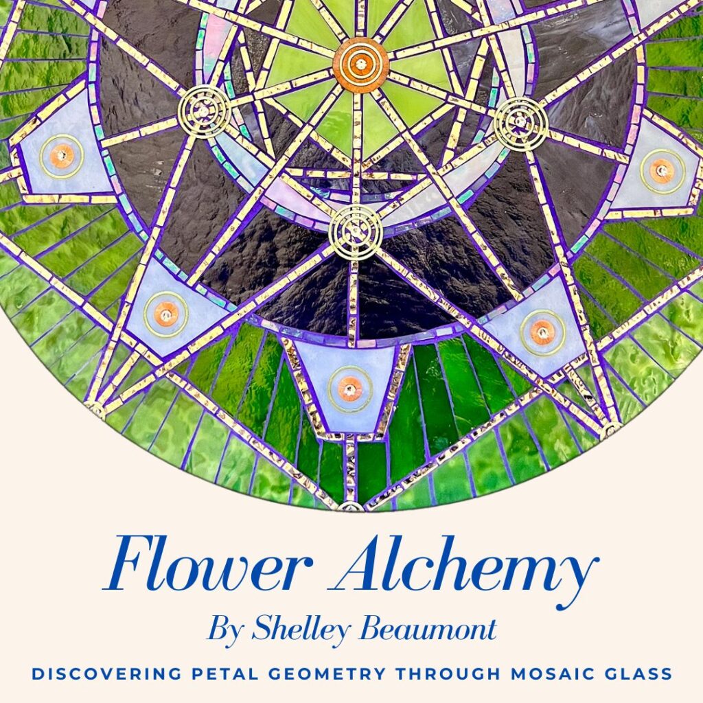Poster for Flower Alchemy exhibition with a geometric mosaic glass pattern