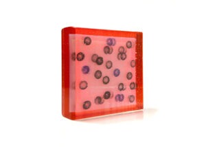 Helen Slater Stokes (United Kingdom), "Painterly Series no.1: Sunrise," Digital design, ceramic transfer, kiln-formed, Hxtal adhesive, and cold worked glass, 2024. 6 x 6 x 1.5 inches.