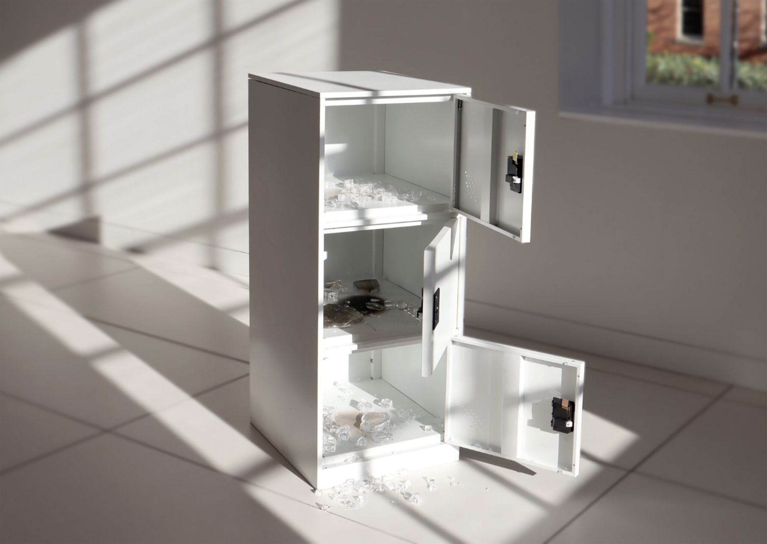 iemin Park, I want to see the world. Shattered glass fragments from stressed glass and three-tiered steel cabinet. 40 x 45 x 93(h) cm, 2023. (Photo: Artist)
