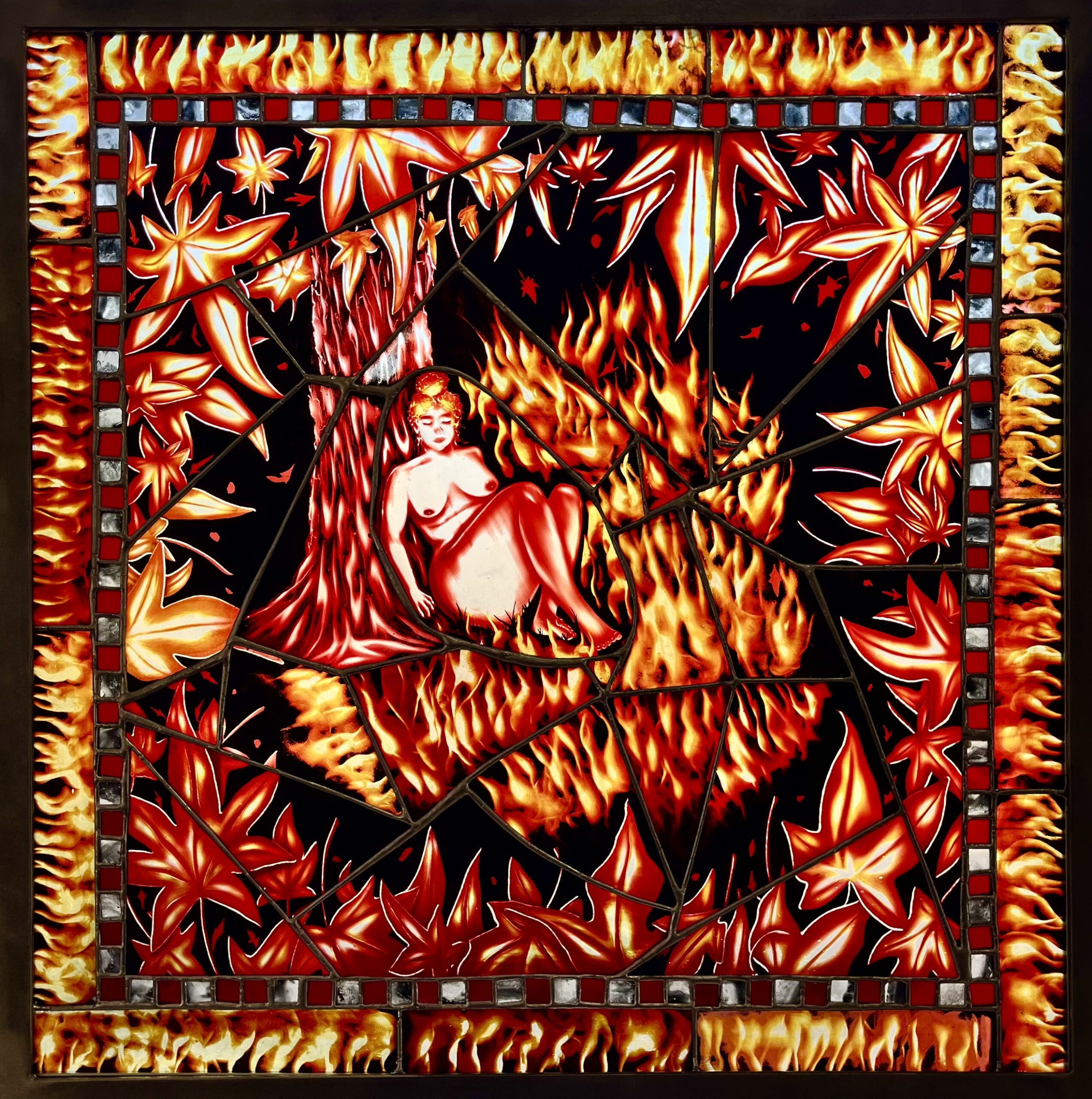 Karisa Gregorio, Persistent Ache of Wanting. Flash glass, clear sheet glass, reusche, silver stain. 20.5”x 20.5” (Photo: Andrew Clark)