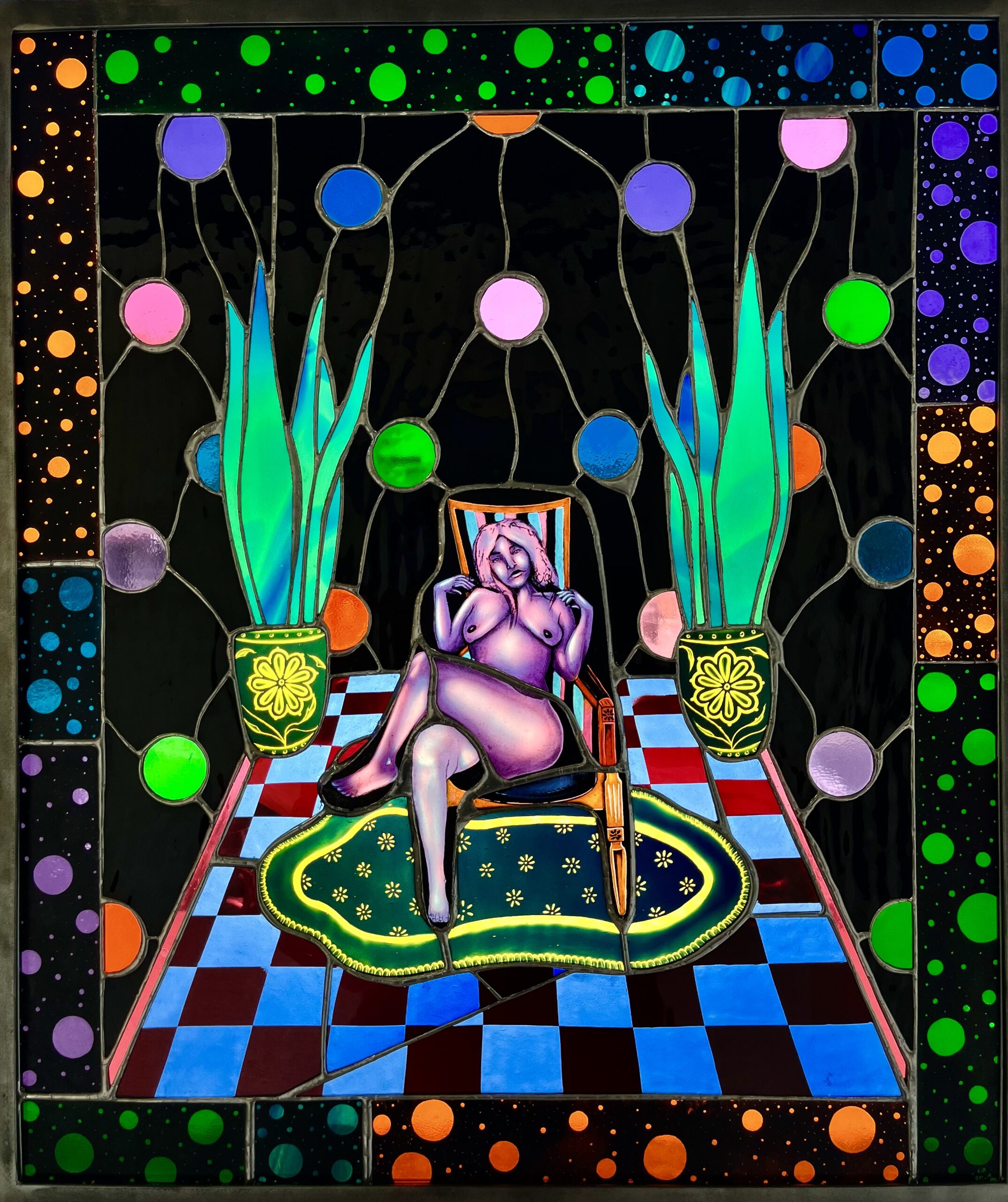 Karisa Gregorio, Welcome Home. Flash glass, colored transparent sheet glass, opaque black sheet glass, reusche, silver stain. 27”x 23” (Photo: Andrew Clark)