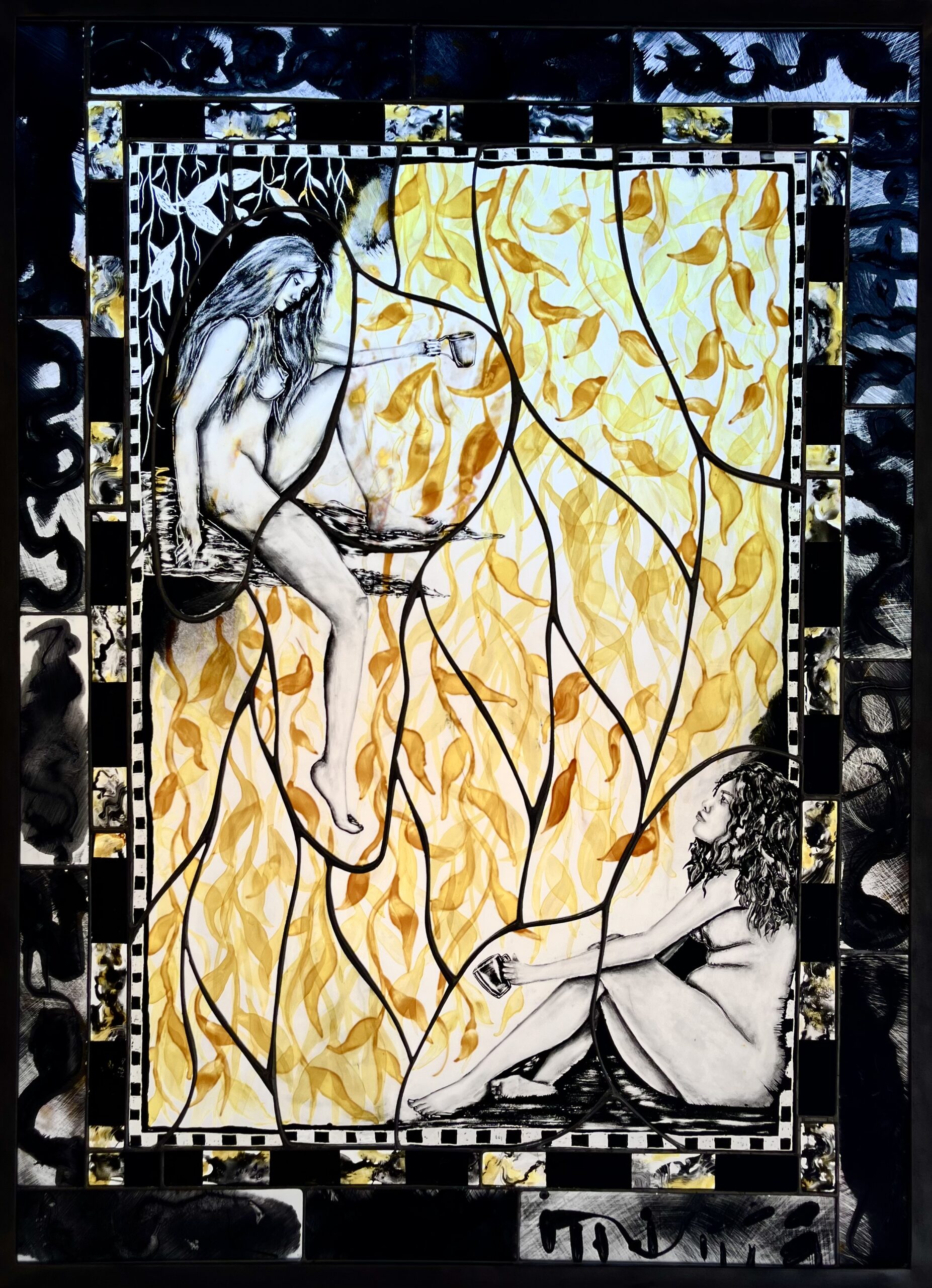 Karisa Gregorio, Tea and Honey. Clear sheet glass, reusche, silver stain. 34” x 25”. (Photo: Andrew Clark);