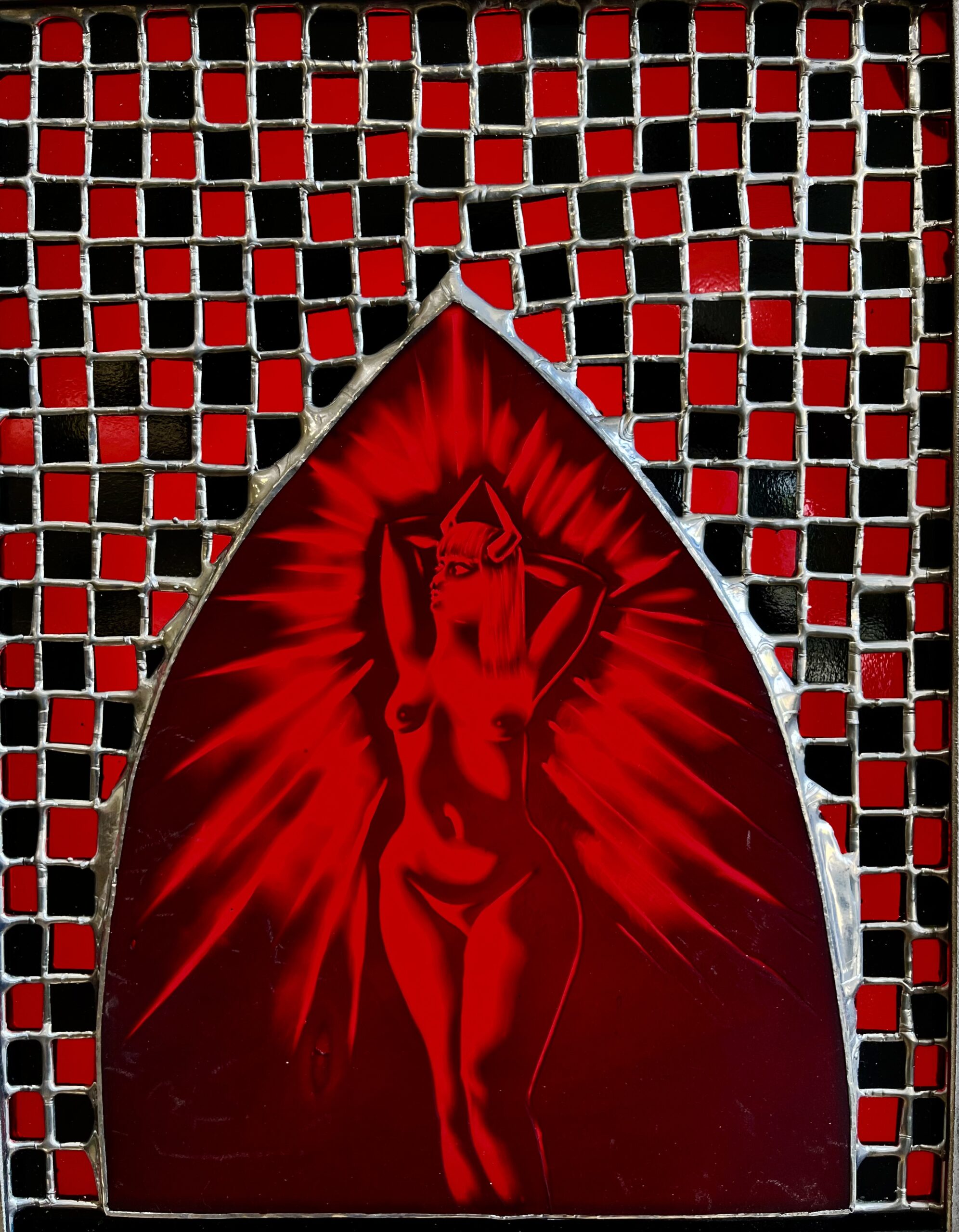 Karisa Gregorio, Body of Worship. Flash glass, red transparent sheet glass, opaque black sheet glass, engraved and painted flash glass, copper foil technique. 12”x10”. (Photo: Andrew Clark)